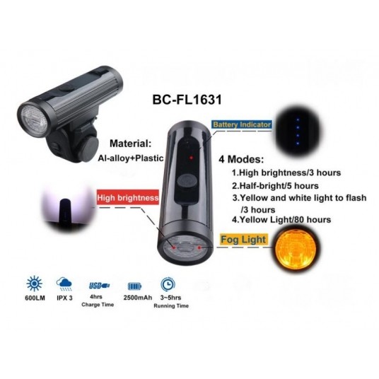 LAMPA PRZÓD USB 600lumenów 2500mAh -zdjęcie numer 1