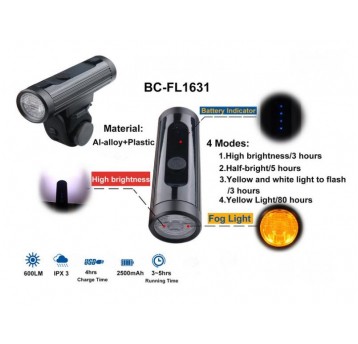 LAMPA PRZÓD USB 600lumenów 2500mAh